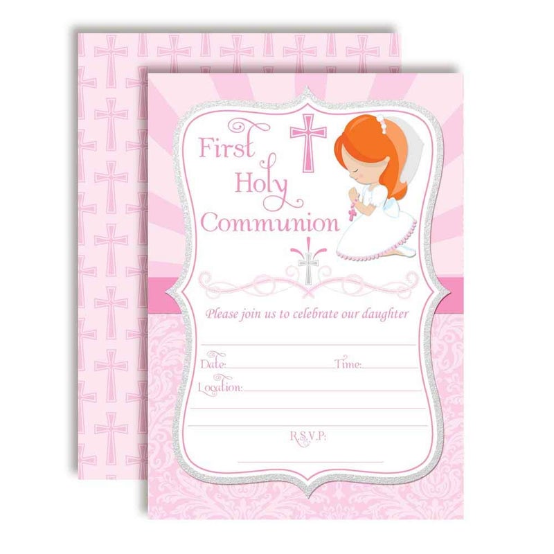 Amanda Creation First Holy Communion Religious Party Invitations for Girls (Light Skin, Red Hair), 20 5x7 Fill In Cards with Twenty White Envelopes by AmandaCreation - Image 1